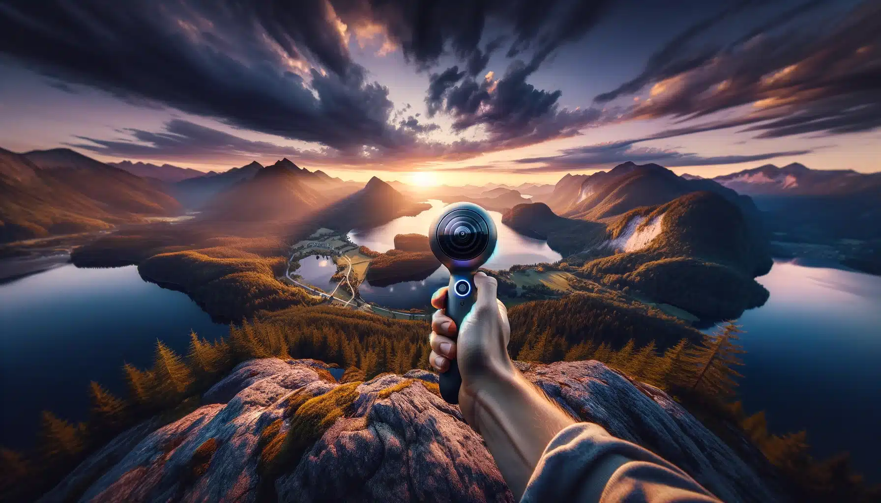 Person in an outdoor setting Apprehending a cycloidal- portrait with a camera, with a panoramic view of mountains, lakes, and forests at dusk.