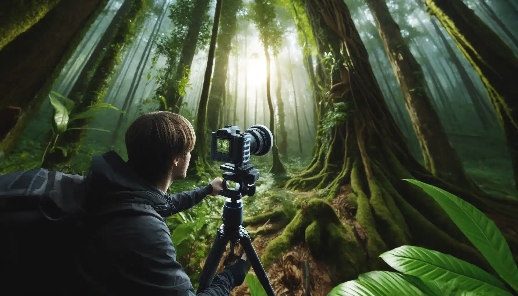 Photographer in a dense forest using a specialized cycloidal- camera on a tripod to capture the intricate details of the forest environment.
