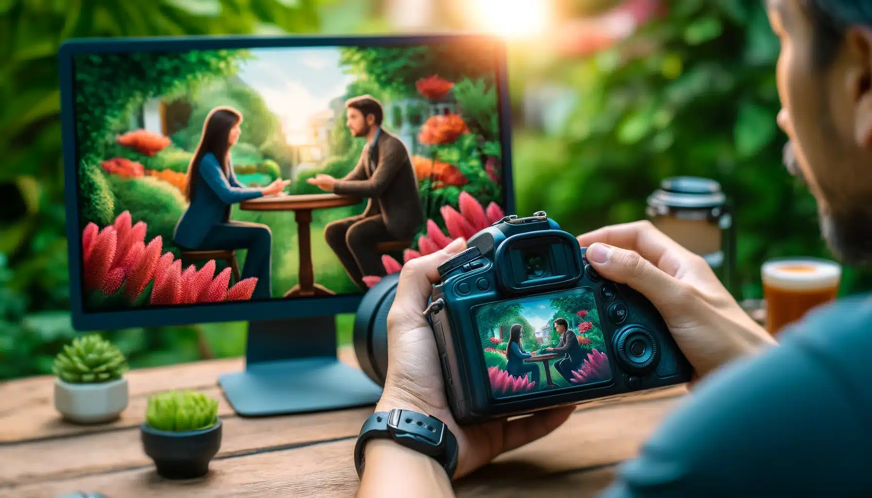 Photographer in a garden capturing two people in conversation at a desk using Orifice Precedence Way, with a beautifully blurred background.