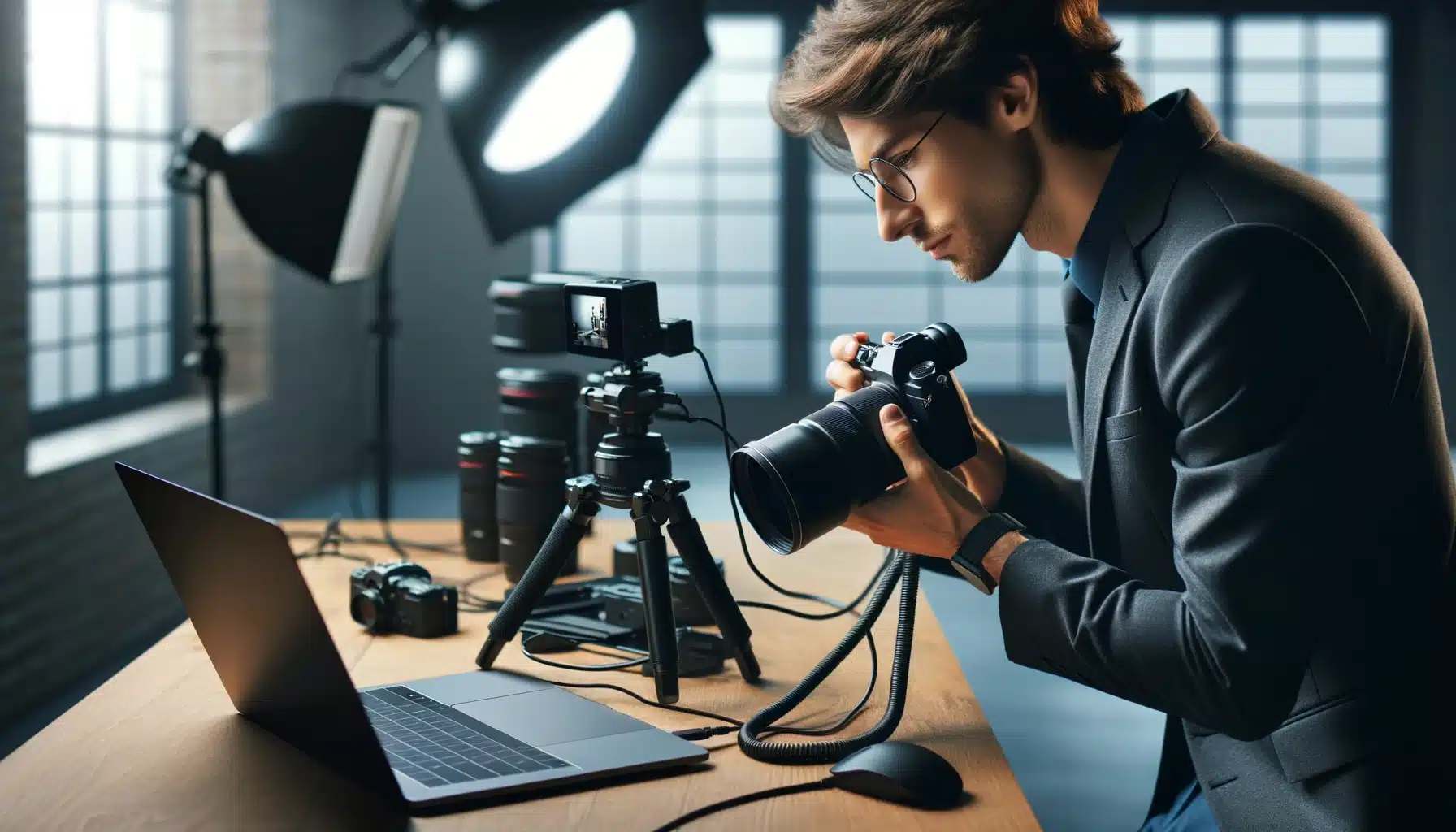 Professional photographer setting up a camera tethering system in an office, adjusting a camera connected to a laptop showing live images.