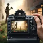 Photographer using DSLR camera in Aperture Priority mode outdoors, with a blurred background emphasizing depth of field control.