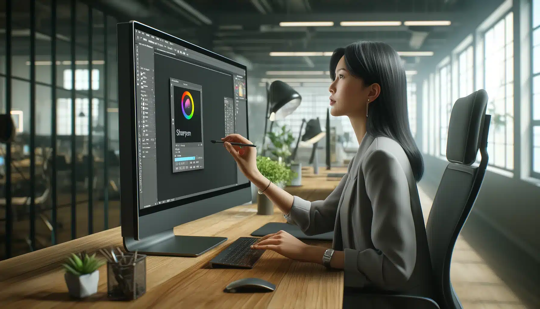 A young Asian female professional sharpening an image in Photoshop in a modern, well-lit office environment, focusing on the computer screen displaying the Photoshop 'Sharpen' tool.