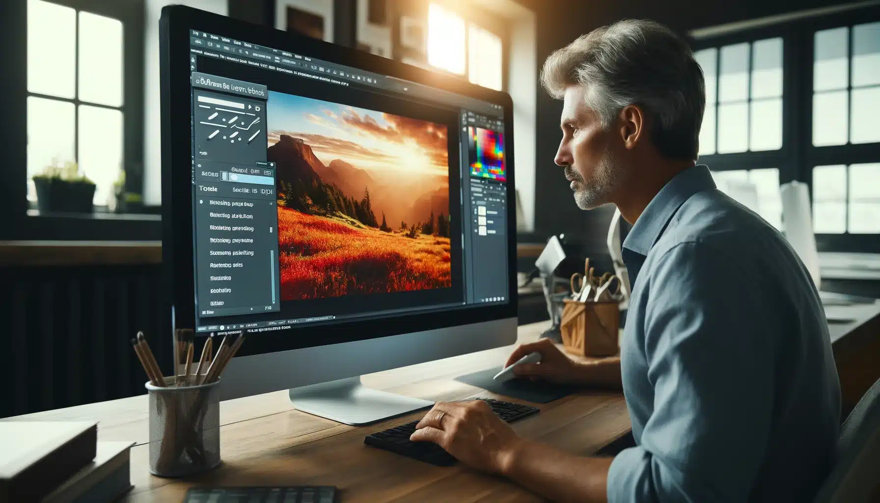 A photographer sharpens an image in Photoshop on a large monitor in a well-equipped, modern studio, demonstrating the image enhancement process.
