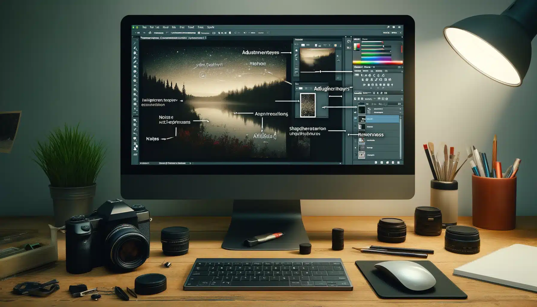A detailed guide showing the process of fixing grainy photos in Photoshop, with a computer screen displaying the editing workflow and surrounded by photography equipment.