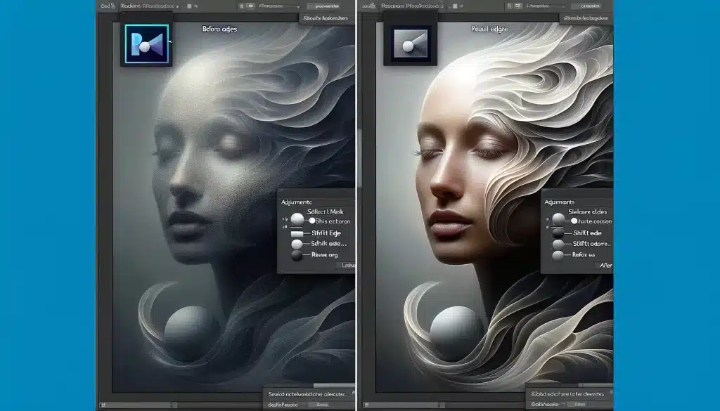 Before and after demonstration of Photoshop feathering technique showing seamless blending of object with background.