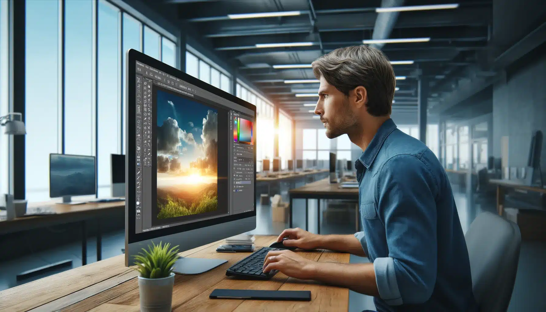 A graphic designer working on a desktop computer, editing a landscape photo to replace the sky, in a modern, well-lit office.