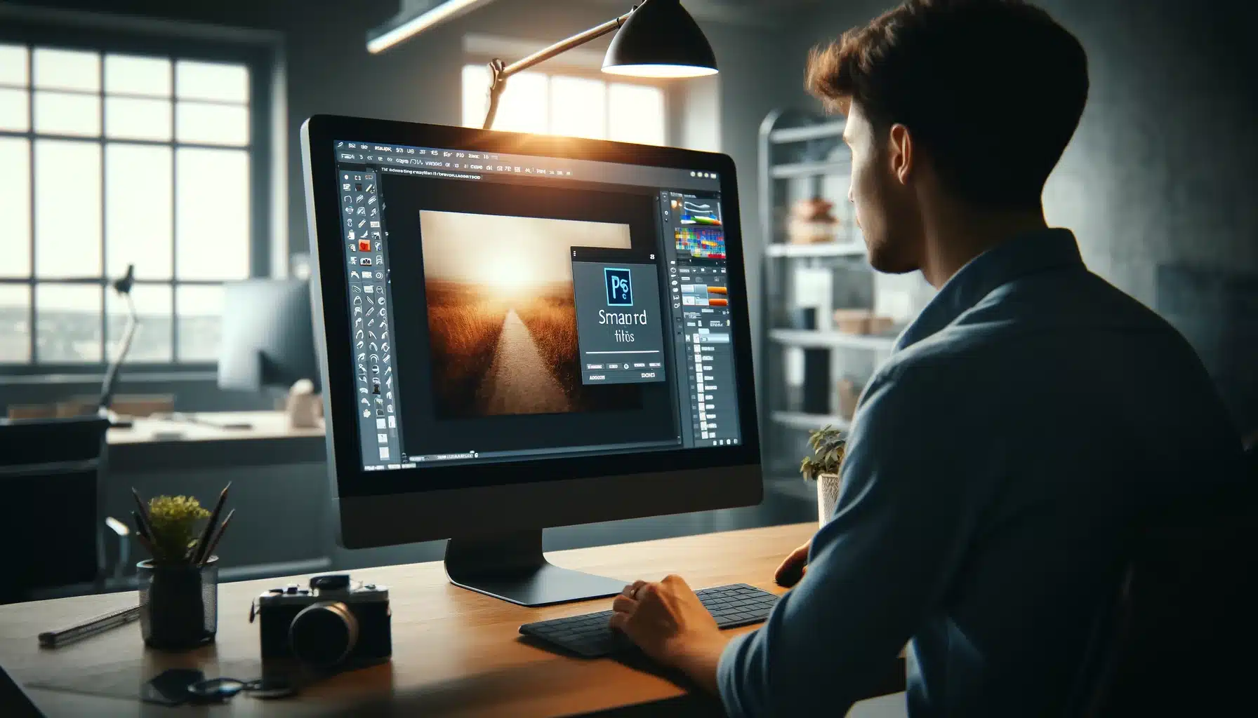 Professional editing a photo using Smart Filters in Photoshop on a desktop computer in an office setting.