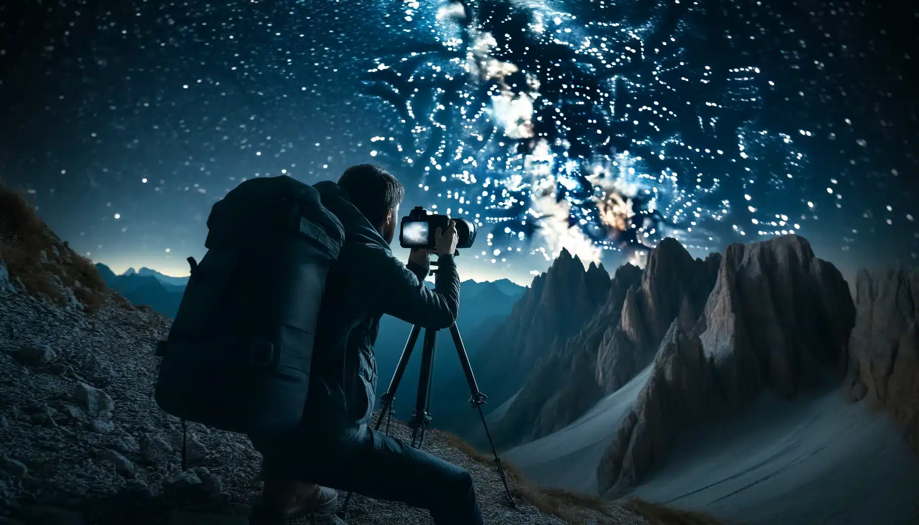 Photographer on a mountain at night using a tripod-mounted camera to capture the star-filled sky and Milky Way for Astrophotography, surrounded by rugged peaks.
