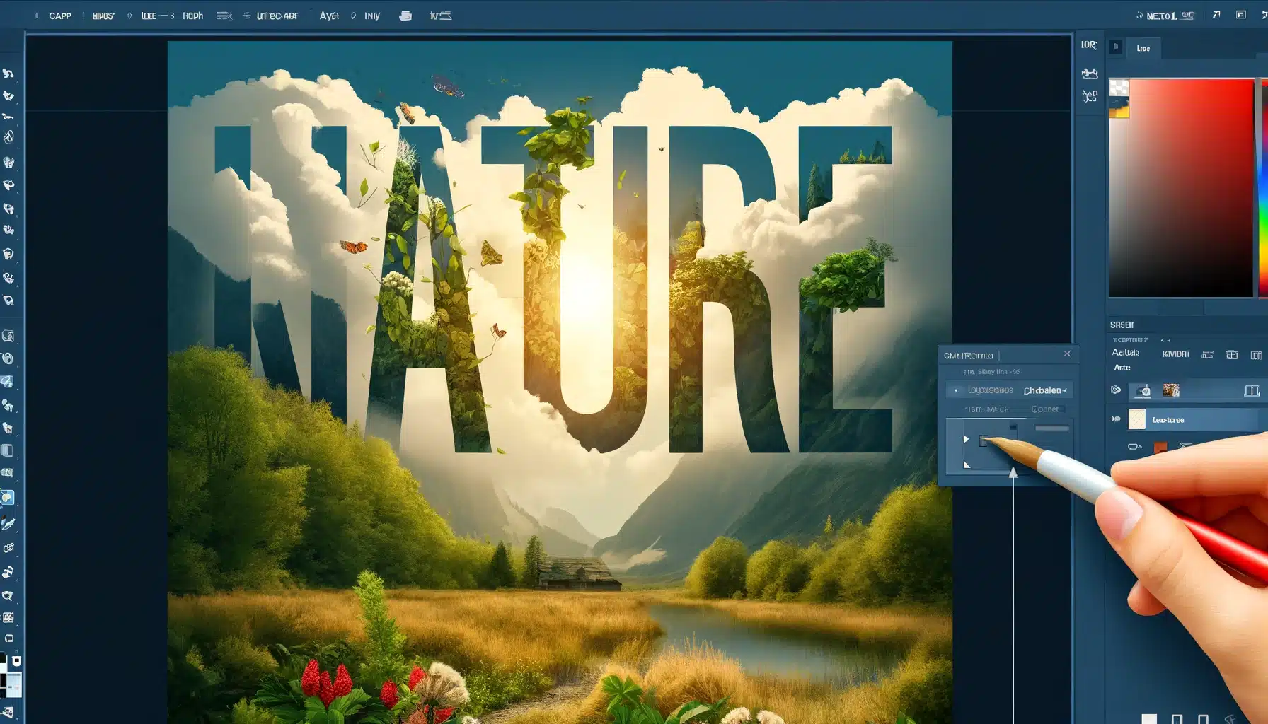 A digital art composition showing a nature scene with the word 'NATURE' superimposed over it, where each letter is filled with different elements of the underlying landscape, including trees, sky, and water, illustrating the use of a clipping mask effect