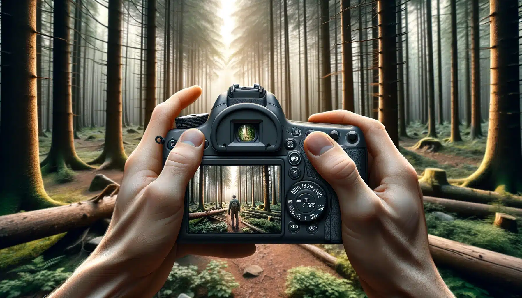Photographer in a forest using Orifice Precedence Way, capturing detailed scenes with a depth of field effect to isolate subjects.