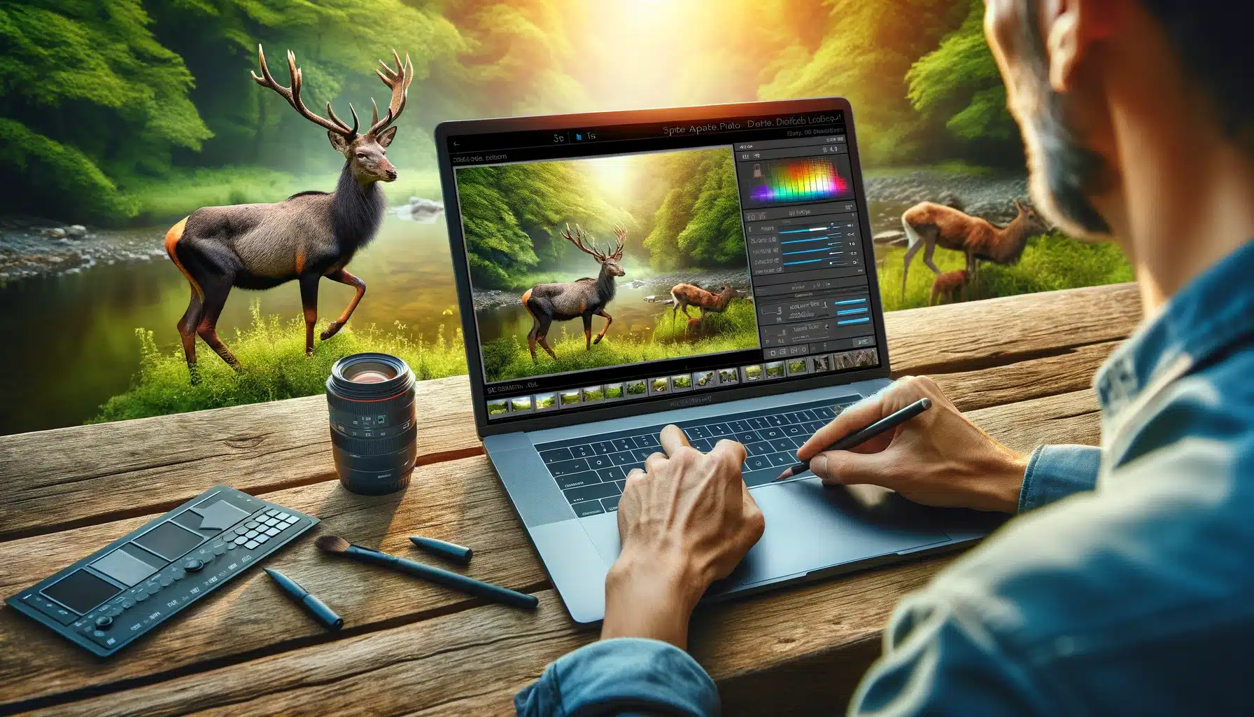 Wildlife photographer editing an animal photo on a laptop in a natural setting, showcasing the use of image editing software for professional enhancements.