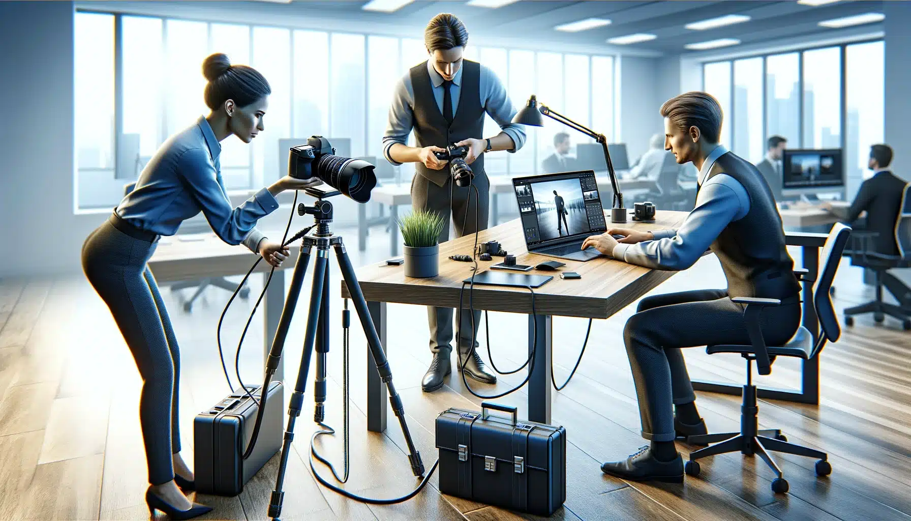 Three professionals in an office setting up a camera tethering system, with one adjusting the camera, another handling cables, and a third monitoring images on a laptop.