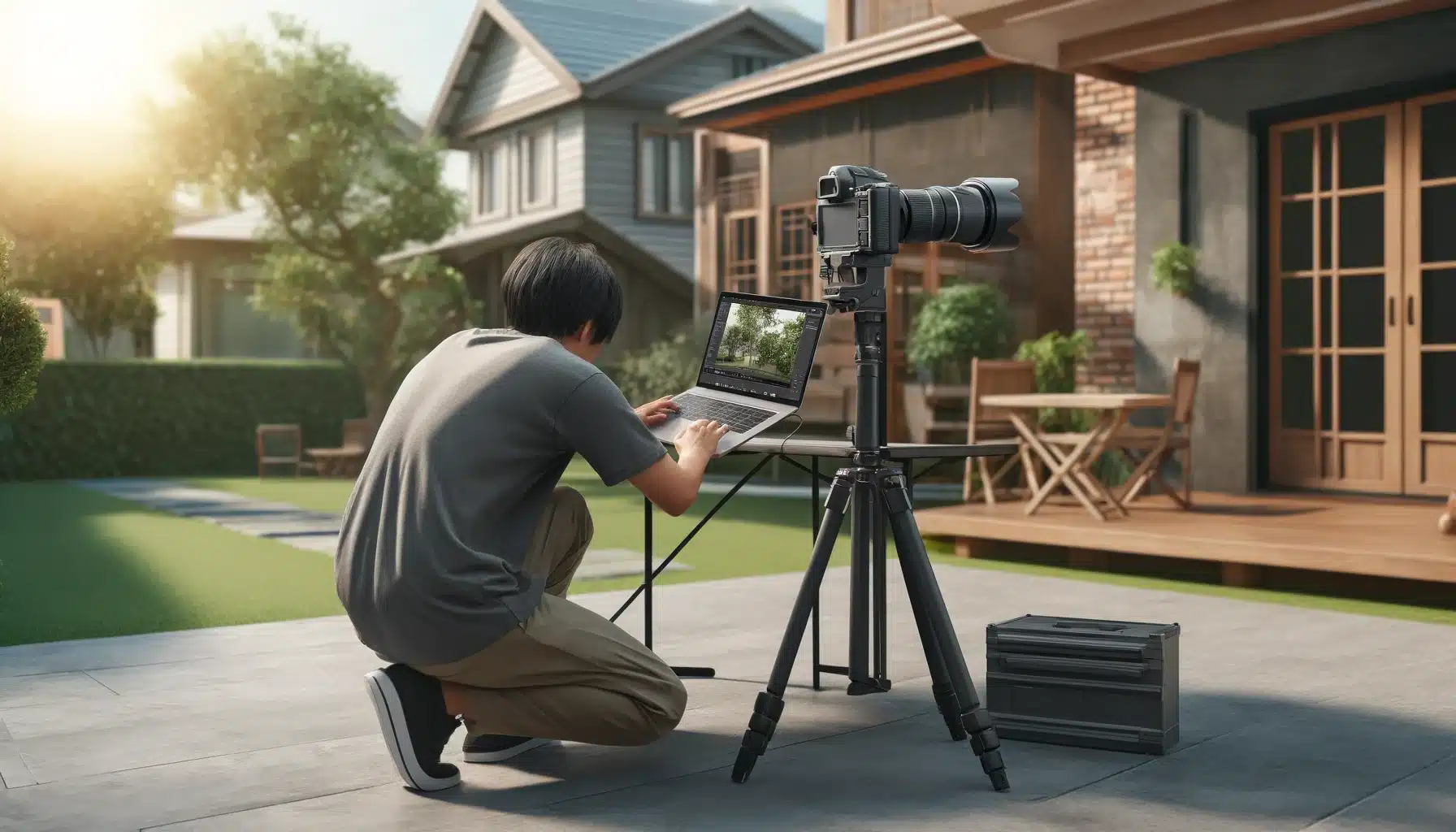 Photographer setting up a Camcorder Fetter system outside a home, with a laptop showing live images on a portable table in a garden setting.