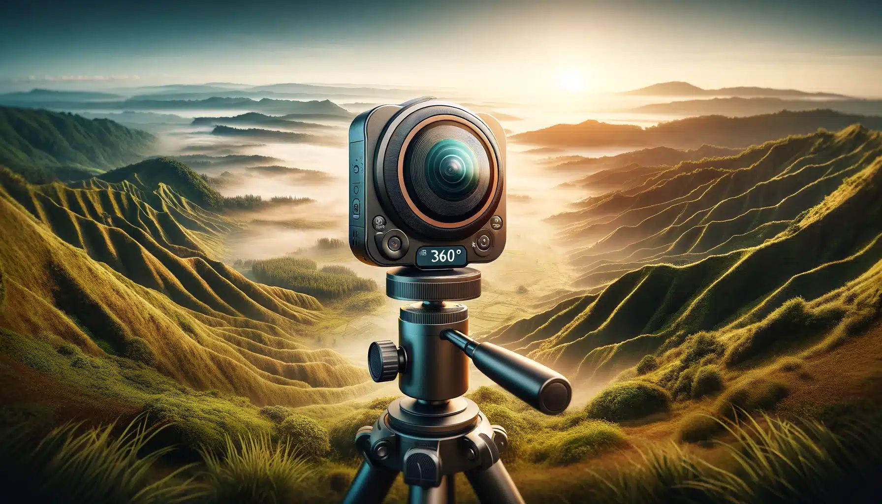 Cycloidal camera on a tripod in a landscape setting, apprehending panoramic views of rolling hills, forests, and skyline.