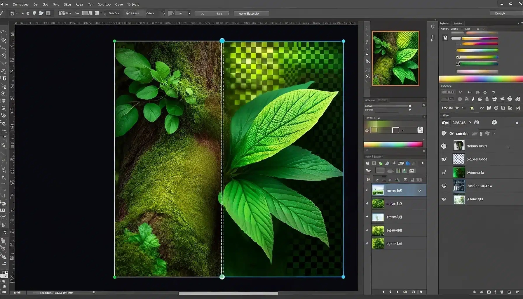 A digital tutorial image displaying the use of feathering edges in Photoshop, with a selection around green leaves and a blurred background.