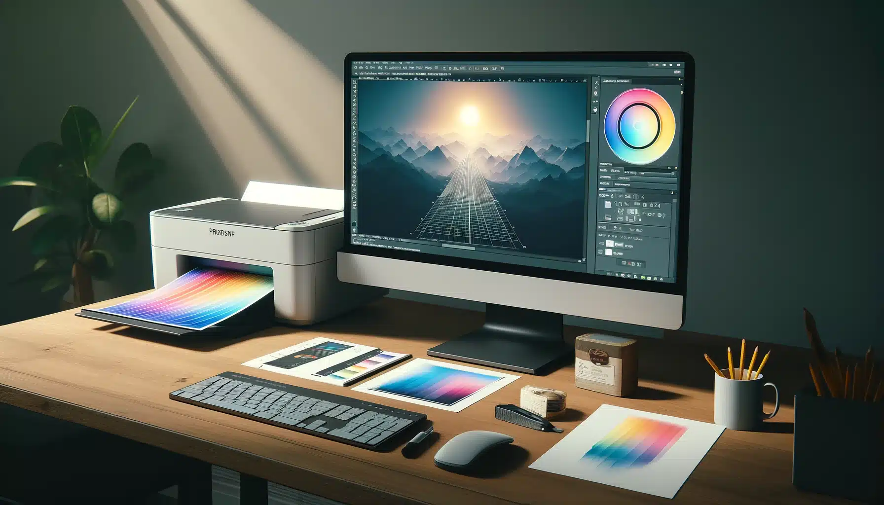 Digital workspace, a monitor and a nearby printer producing a gradient image, demonstrating the print process for digital designs.