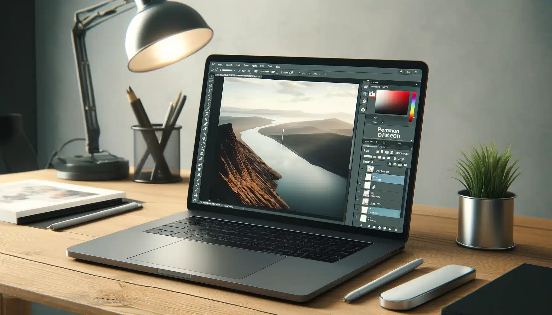 Laptop on a desk showing Photoshop's 'Sharpen' tool in action, with a split-screen comparison of a blurry and a sharp image, in a modern professional workspace.