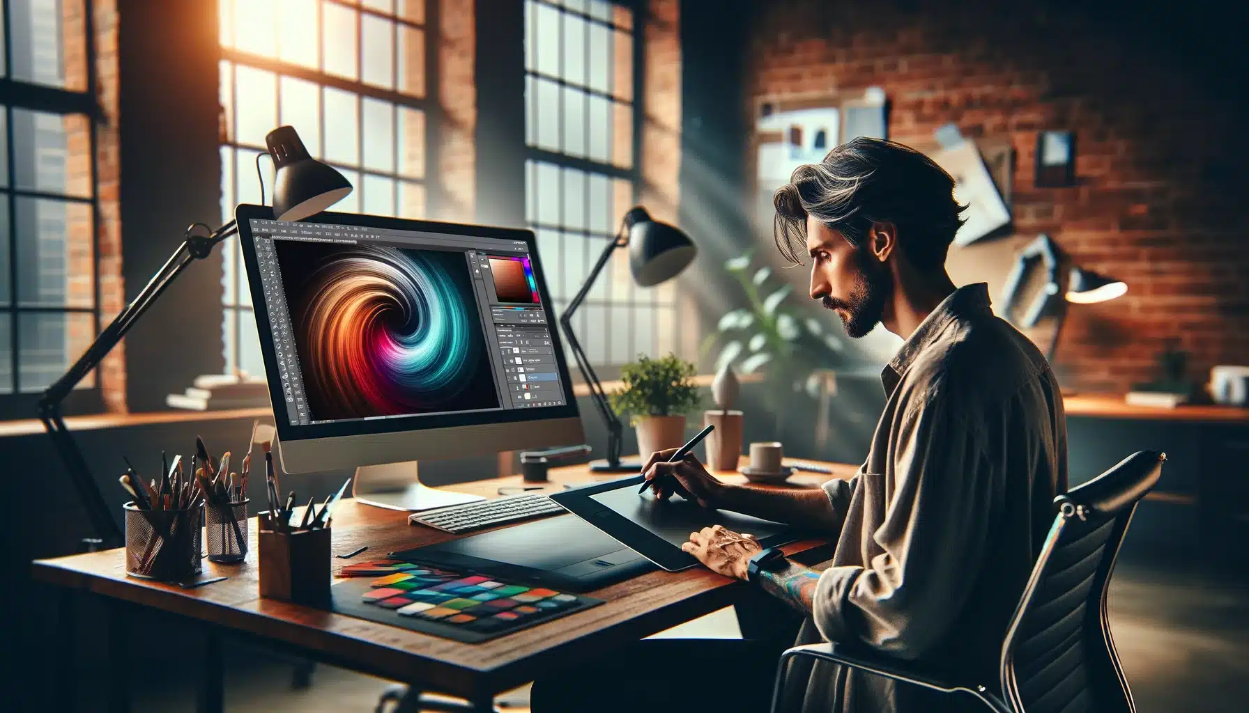 A professional in a modern workspace using editor to blend hues, showcasing digital art skills.