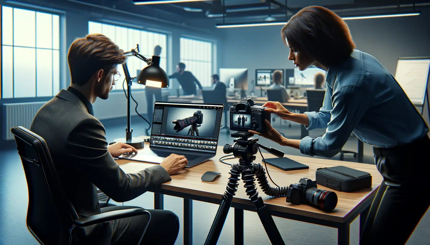 Two professionals setting up a tethered camera in an office, with one adjusting the camera and the other configuring settings on a laptop displaying the live feed.