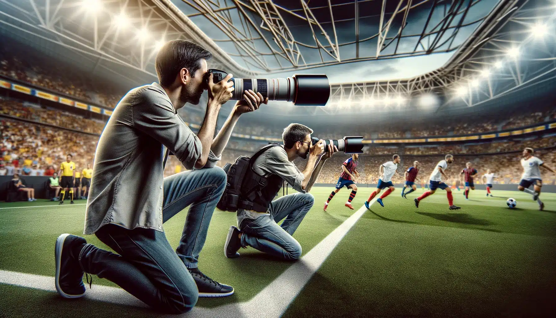 Two professional photographers using different cameras to capture the intense action of a soccer game at a packed stadium.