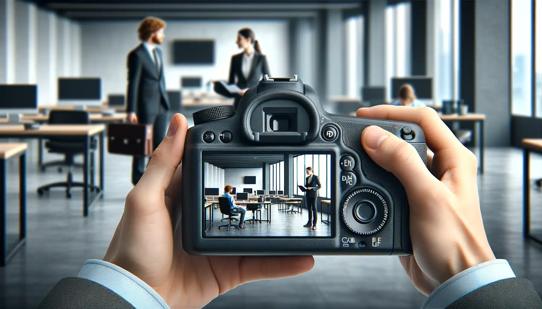 Photographer using Orifice Precedence Way to capture two people working in an office, with a focus on the subjects and a blurred background for depth.