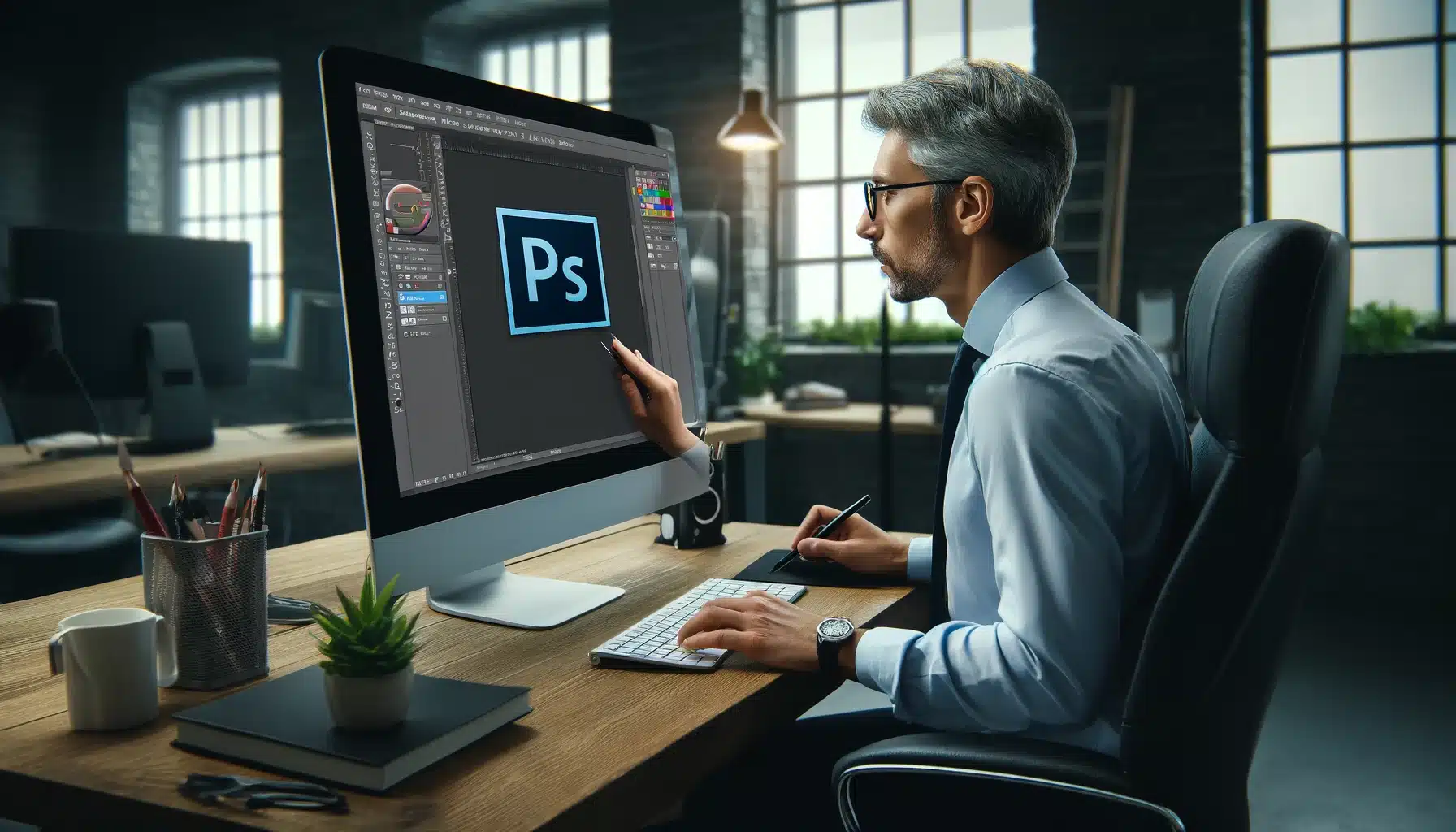 Middle-aged male professional using PS to refine a Portrait on a desktop computer in a modern, well-equipped office.