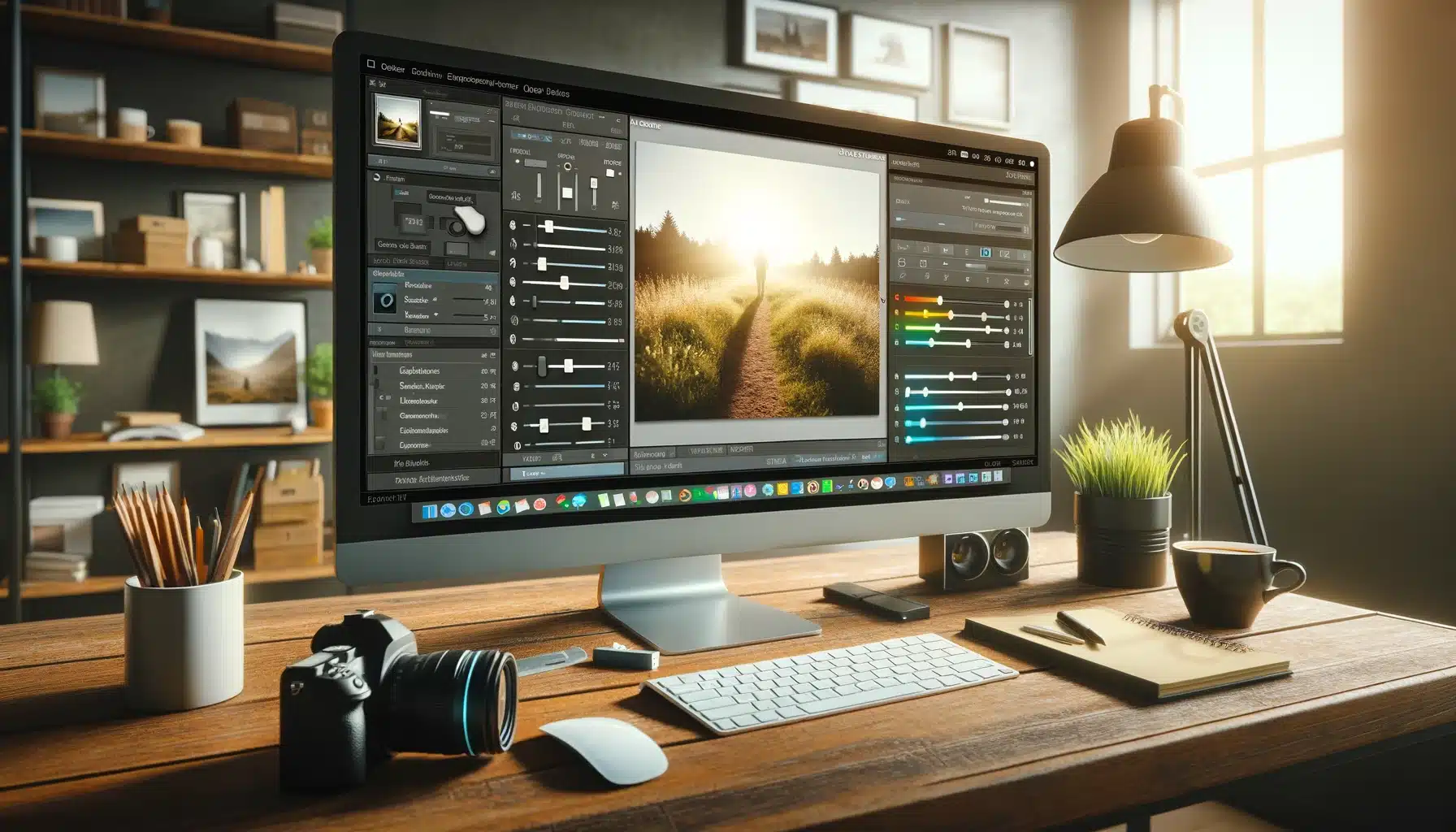 Photographer's desktop with a computer screen displaying photo editing software, adjusting sliders to fix an overexposed photo, surrounded by professional photography equipment.