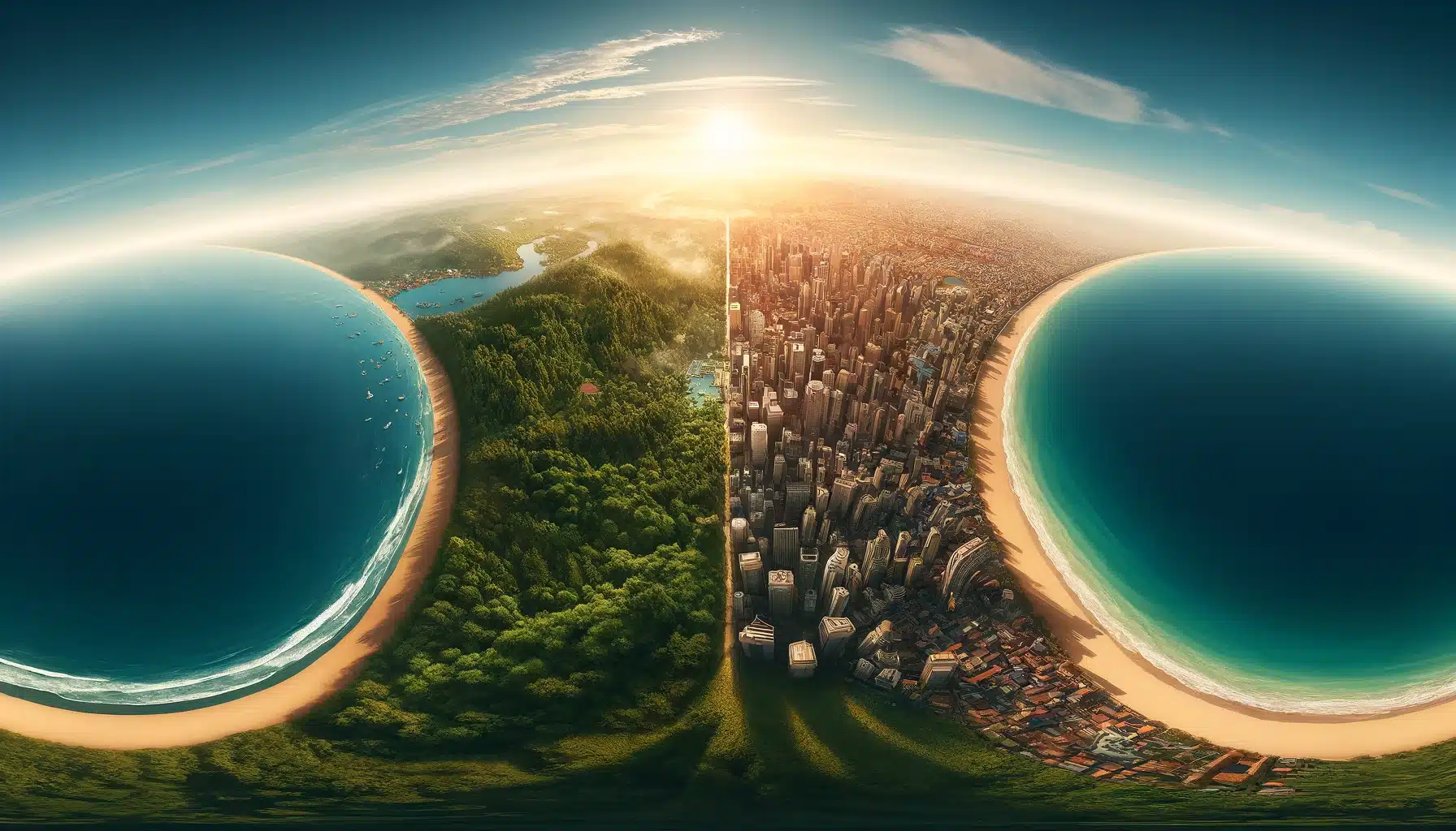 Cycloidal- panoramic view transitioning from a forest, through a cityscape, to a beach, illustrating the comprehensive perspective of cycloidal- Microfilm.
