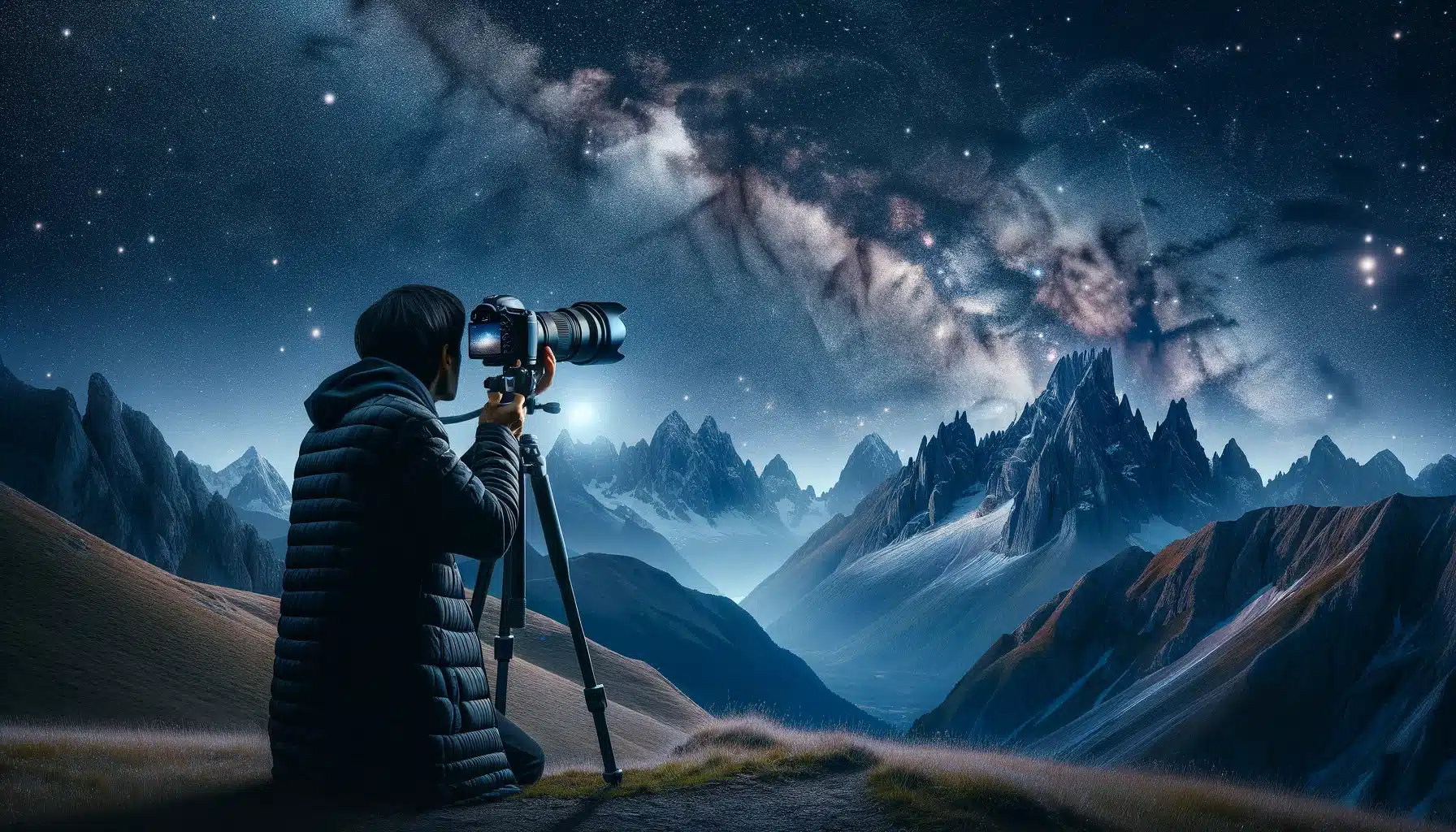 Photographer using a tripod-mounted camera at night in the mountains for astrophotography, capturing the expansive starry sky above.