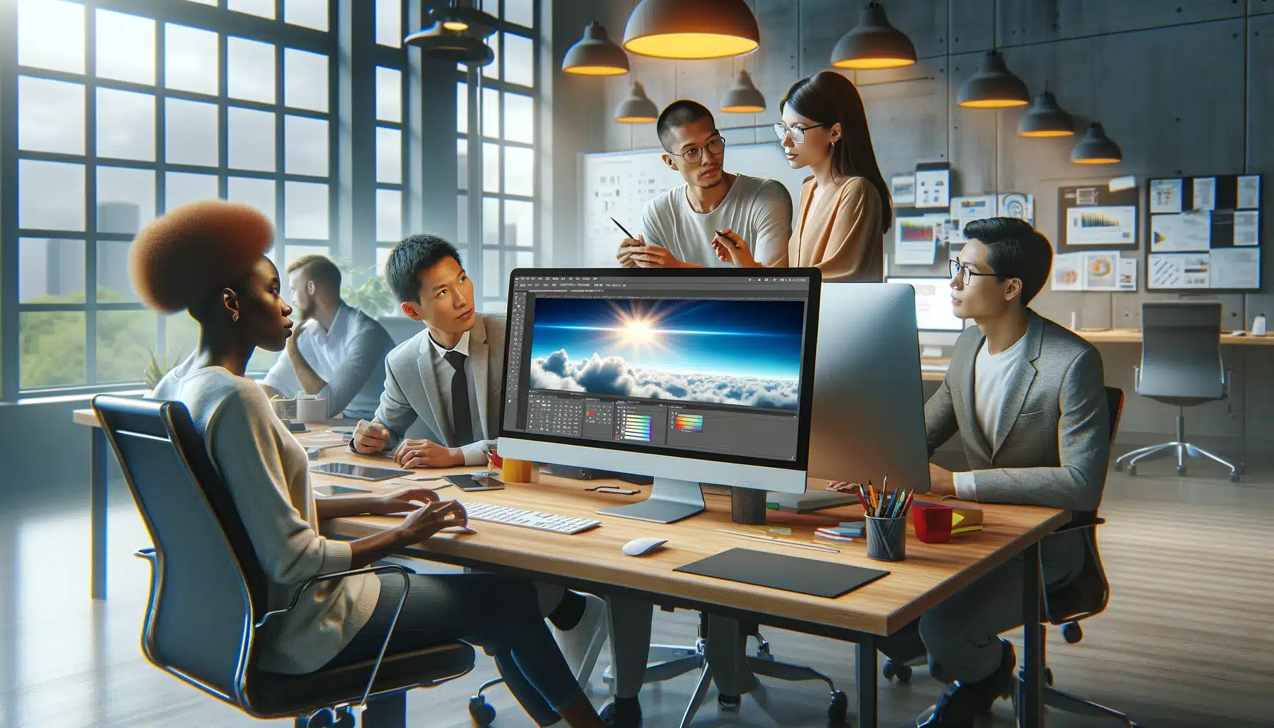 Several diverse professionals discuss empyrean reinstatement techniques around a desktop displaying image editing software in a modern office setting.