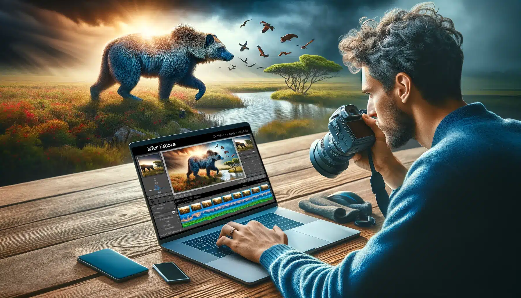 Photographer in a natural setting editing wildlife photos on a laptop, showing before and after enhancements, demonstrating professional editing techniques.