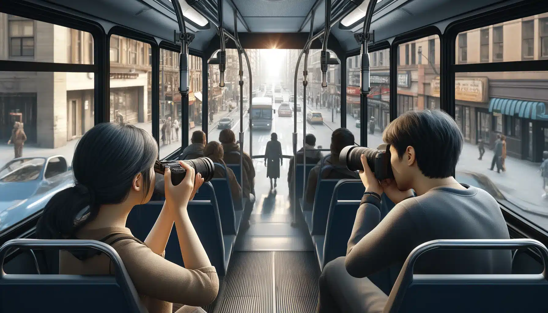 Two photographers inside a bus, one capturing city architecture with a mirrorless camera and the other photographing street life with a DSLR, illustrating the use of cameras in travel photography.