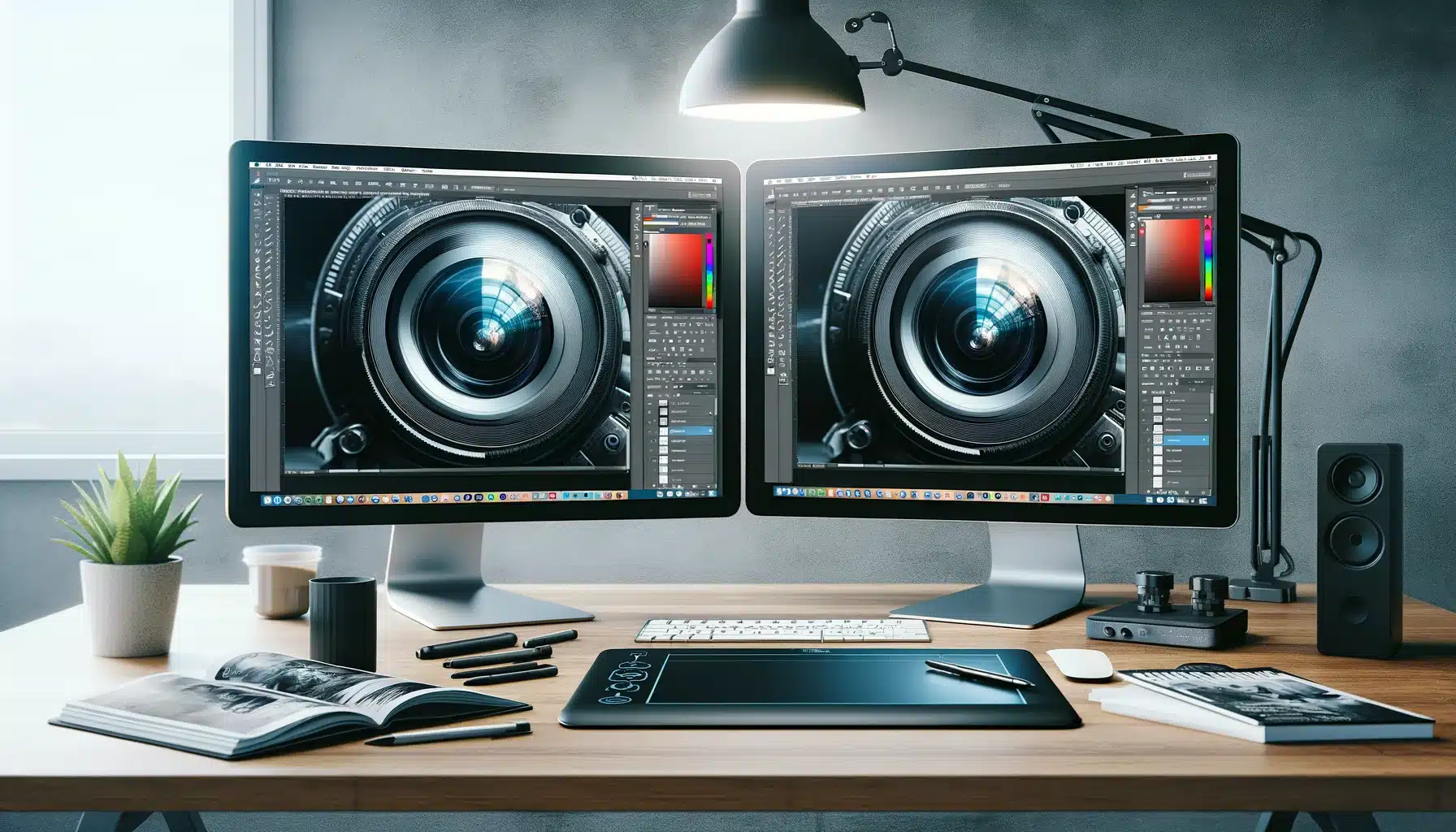 Dual monitor desktop setup in a graphic design studio showing PS’s 'Refine' tool, with before and after Portraits of Acuminating.