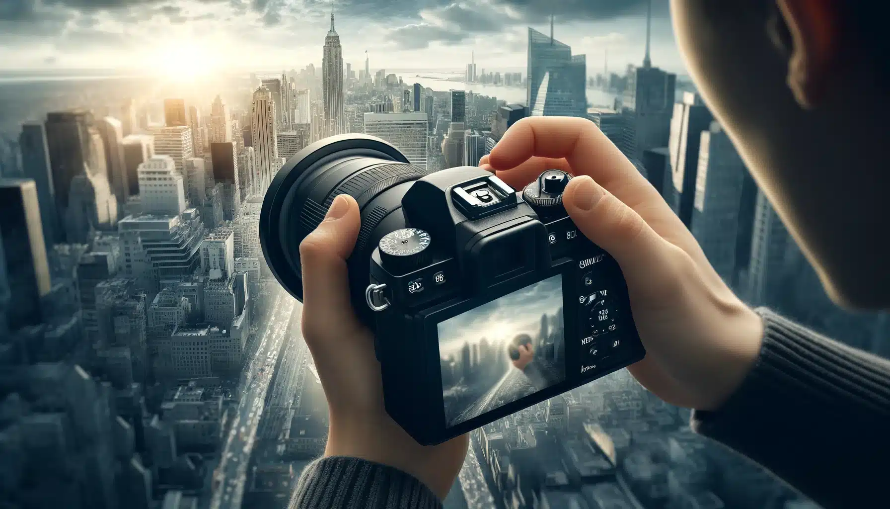 Photographer using Orifice Precedence Way to capture a focused image of a cityscape, with the background blurred to enhance depth of field.