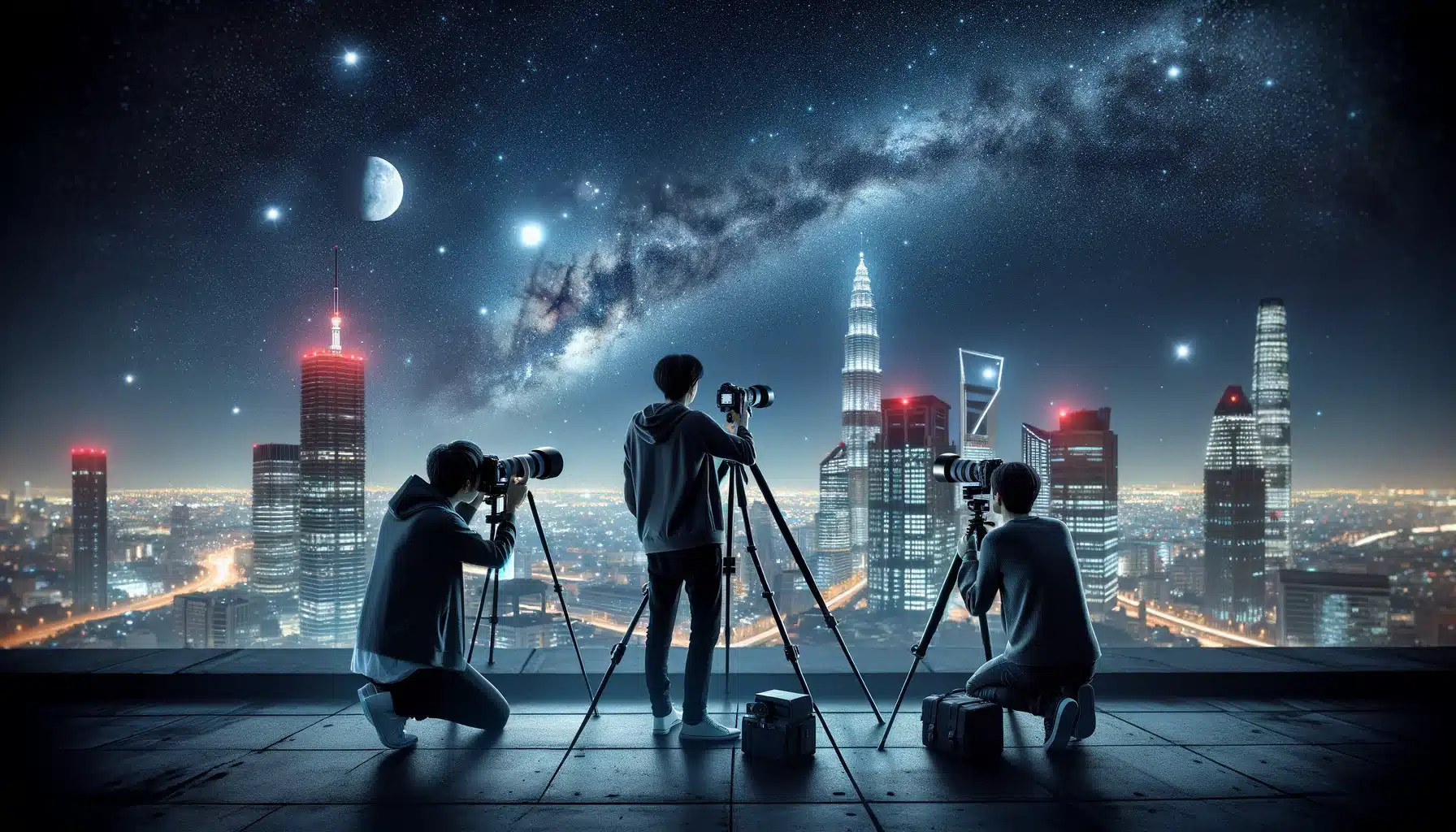 Three photographers on a city rooftop at night using tripods to capture images where the bright cityscape meets the starry sky.