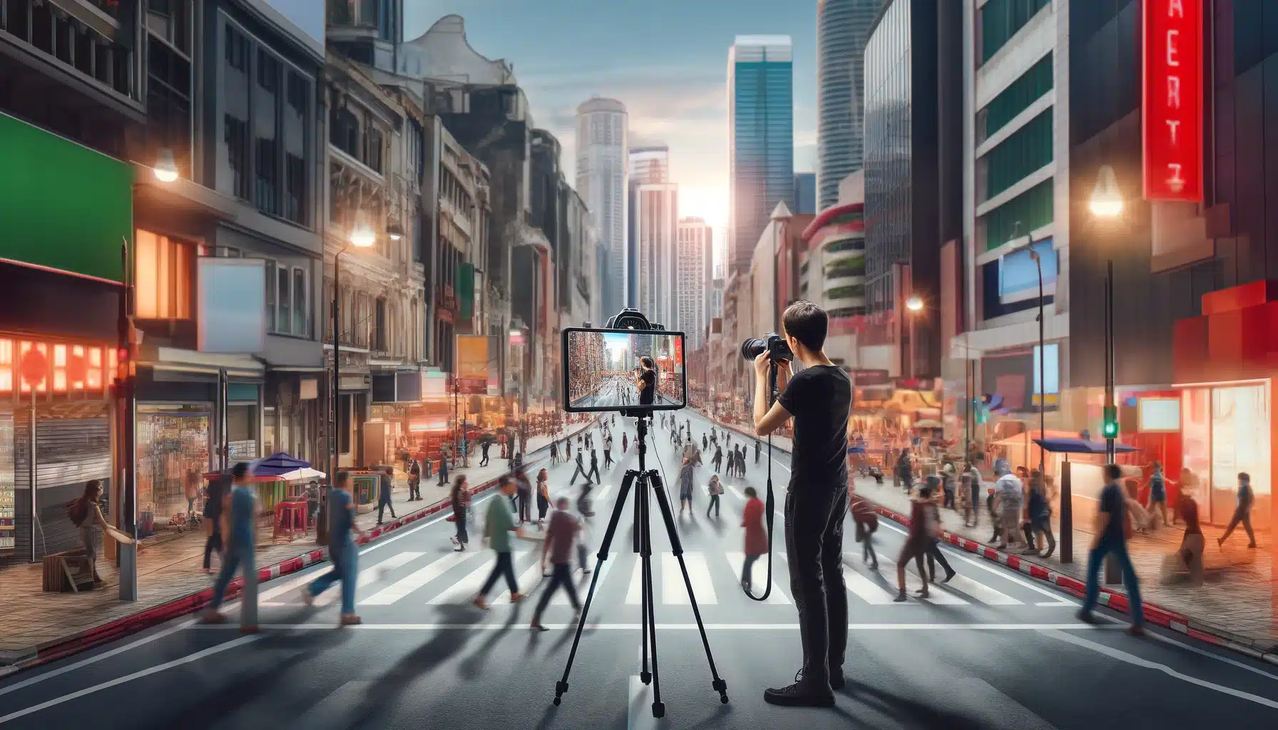 Photographer sets up a self-portrait in a busy city street using a tripod and timer, capturing the essence of urban life along with their own image.