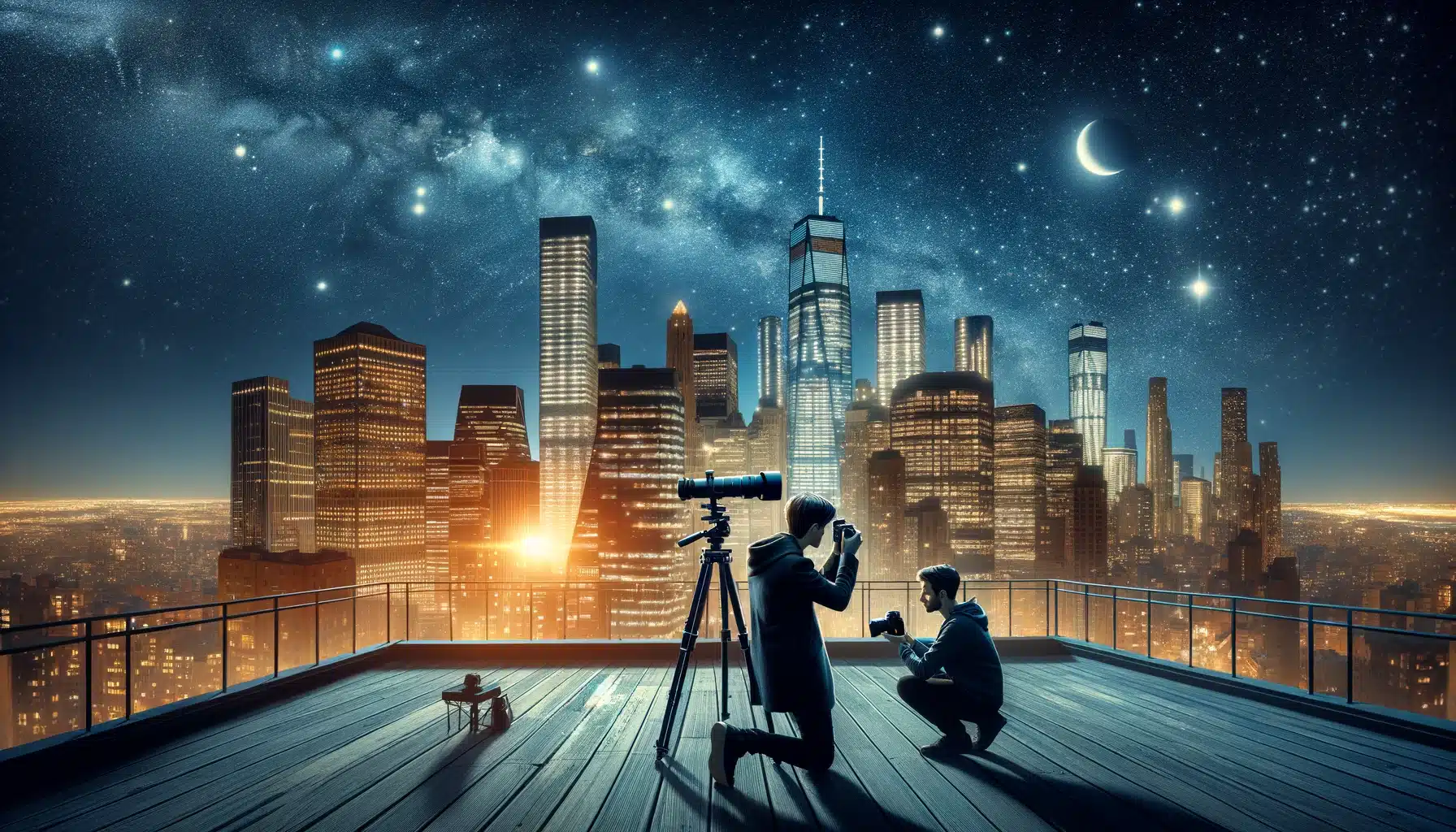 Two photographers on a city rooftop at night for astrophotography, one capturing the starry sky while the other adjusts camera settings, against a backdrop of illuminated city buildings.