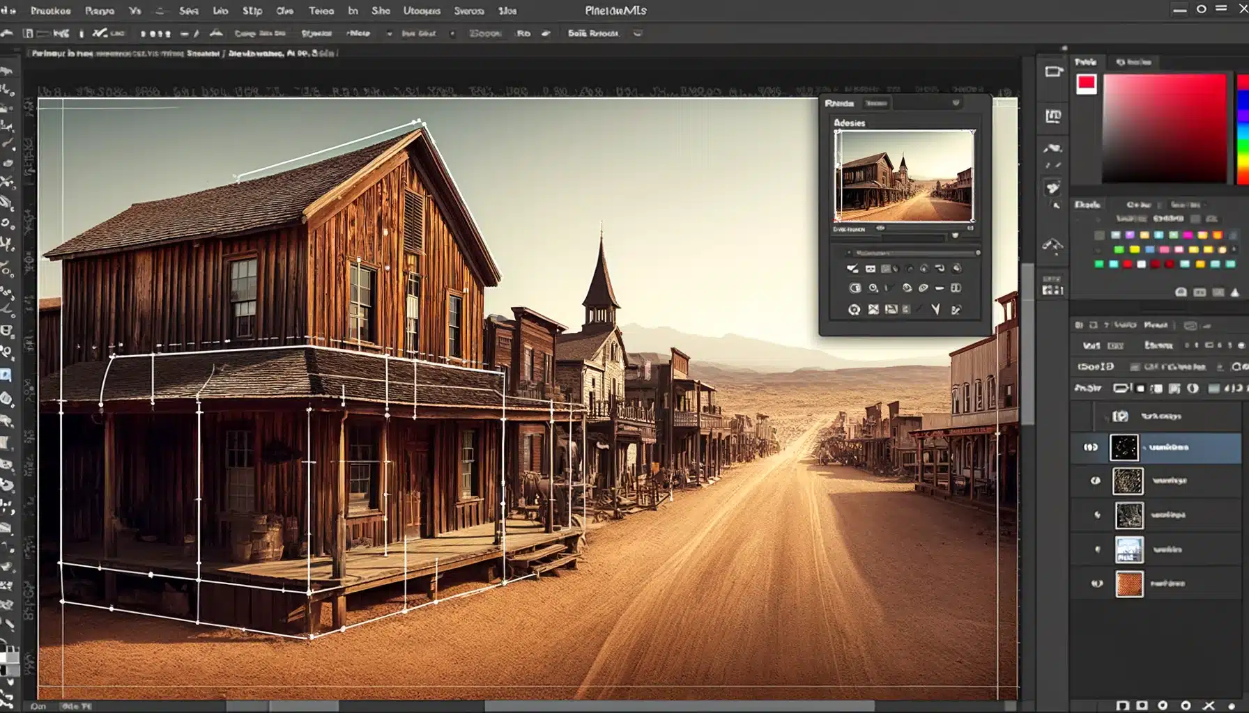 Digital image of a ghost town being edited in Photoshop