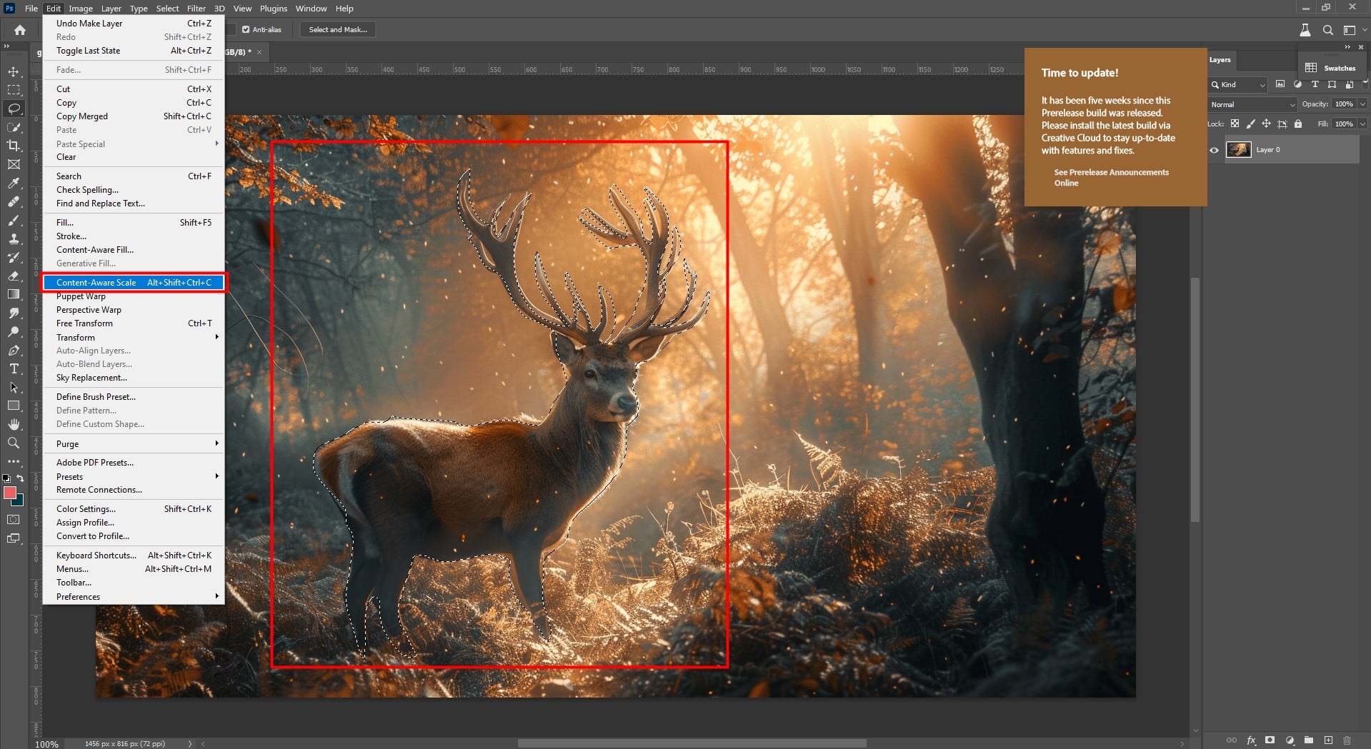 Adobe Photoshop interface showing the use of the Content-Aware Fill tool on an image of a majestic deer standing in a sunlit forest.