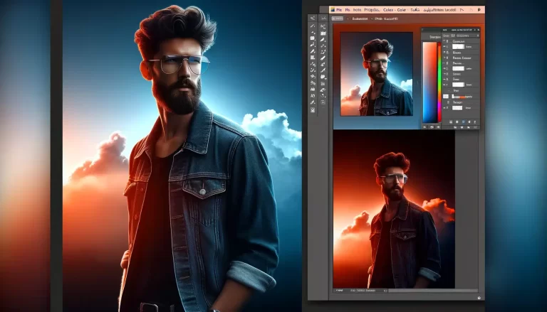 Fashionable bearded man with glasses stands against a gradient backdrop with an elaborate interface to his right.