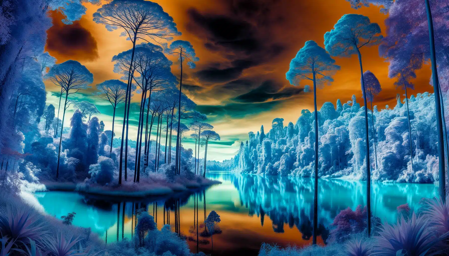 A serene lake surrounded by towering trees, all depicted with inverted colors creating a surreal, dreamlike landscape.