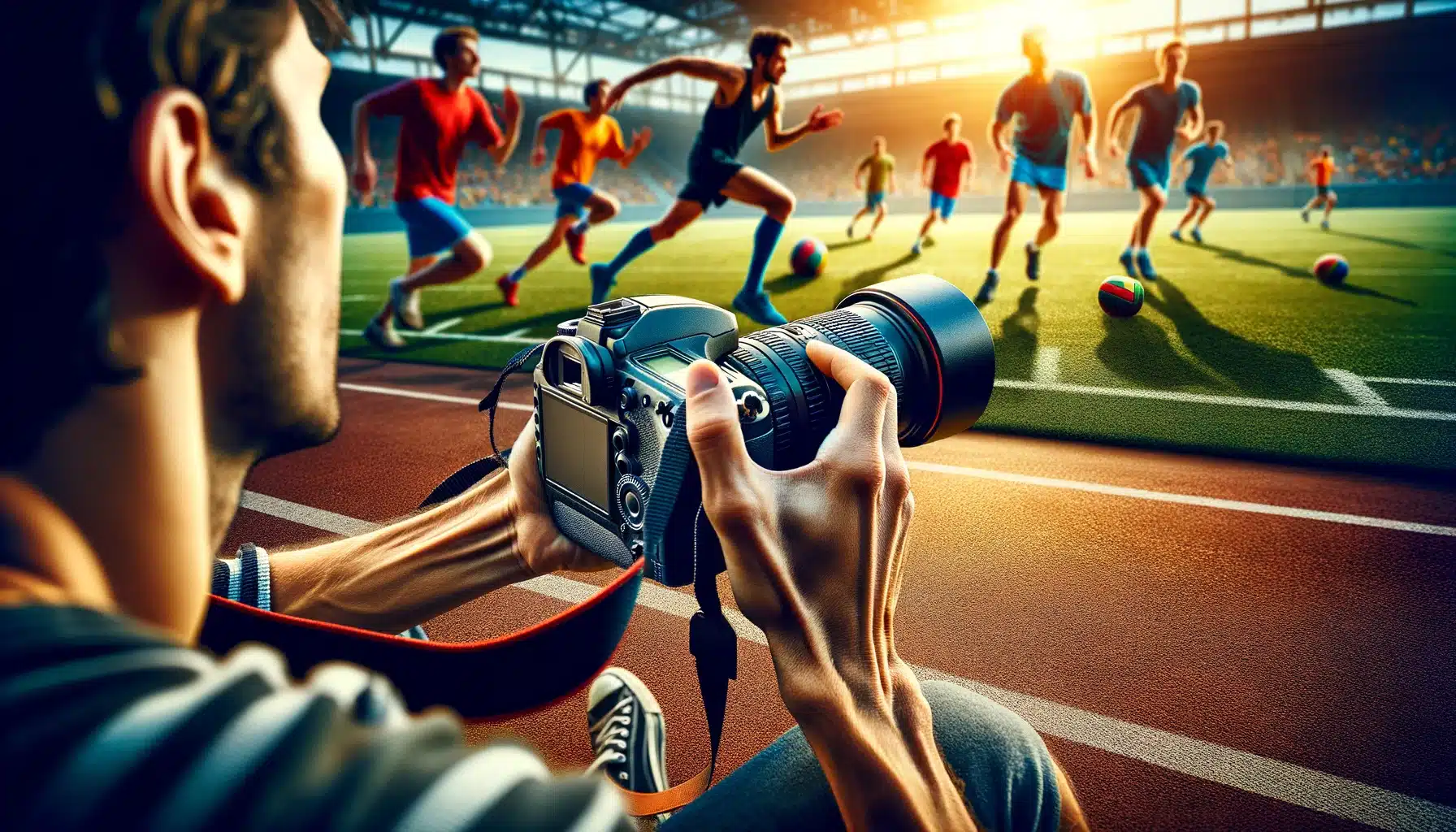 Sports photographer capturing live action on the ground, demonstrating sports photography and sports photography tips.