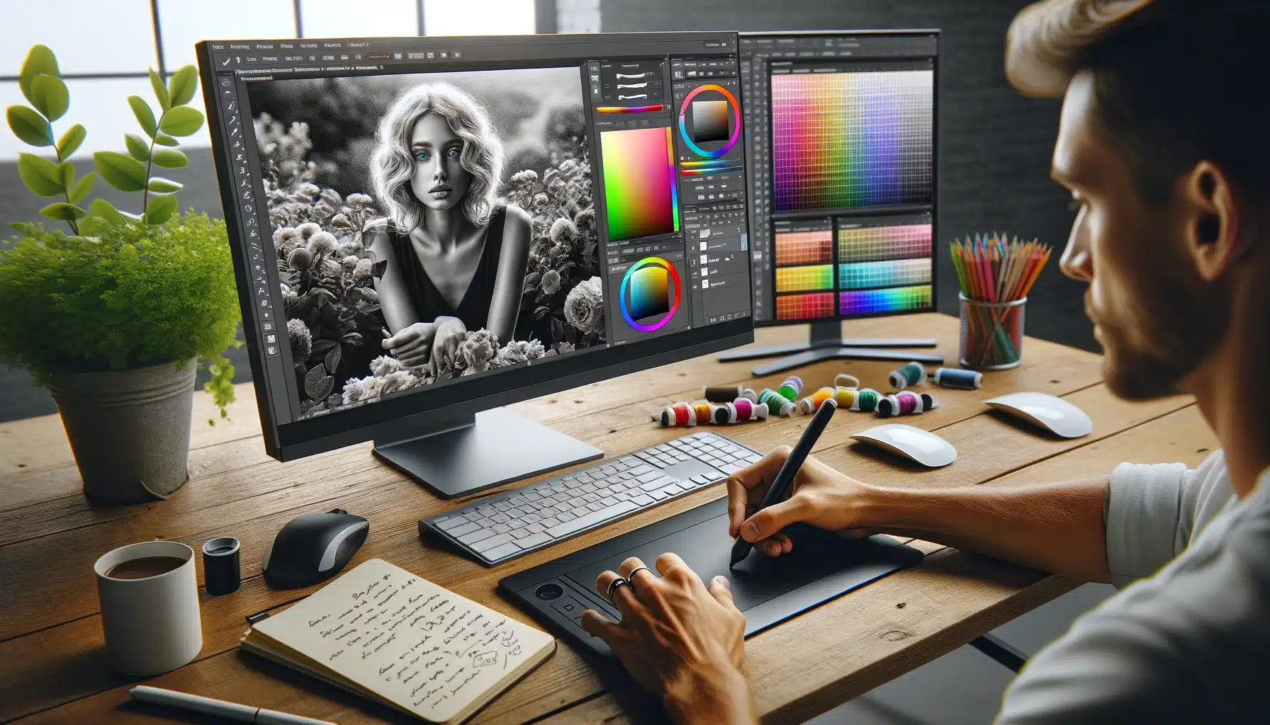 A graphic designer's workspace featuring a computer screen with Photoshop open, showing the process of colorizing a black and white photo. The designer is using a graphics tablet and stylus.