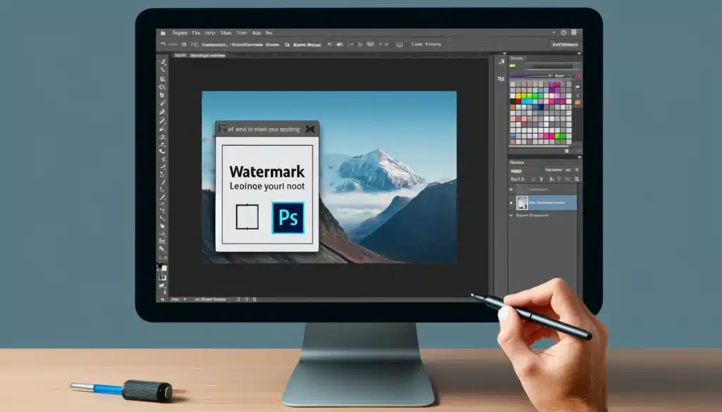 A computer screen displaying Adobe Photoshop with the process of adding a insignia to a portrait, showing the Layers panel and a insignia being applied.