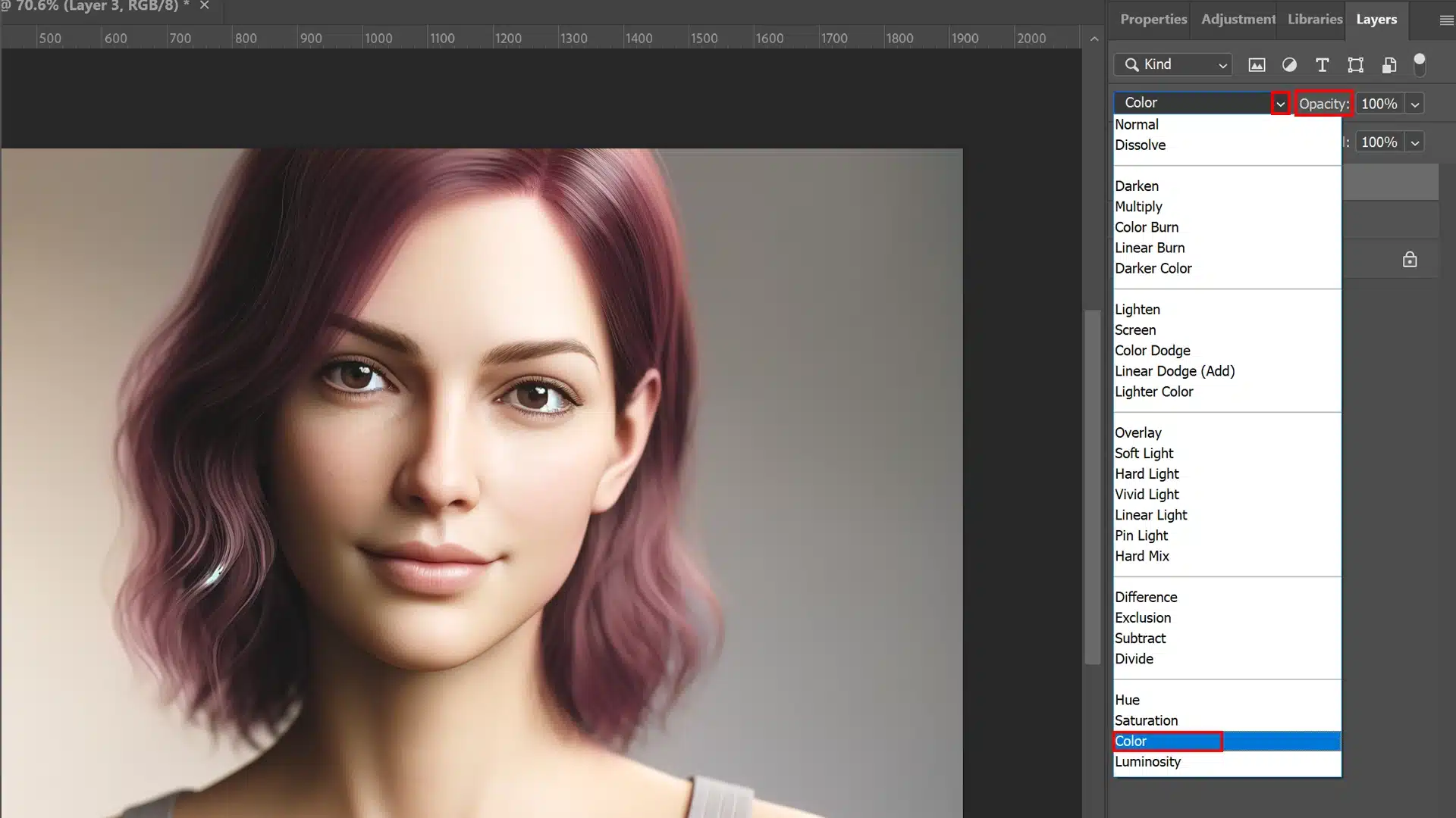 A photo of Adobe Photoshop with a portrait of a woman. The Layers panel is open on the right, showing the blend mode options with "Color" highlighted.