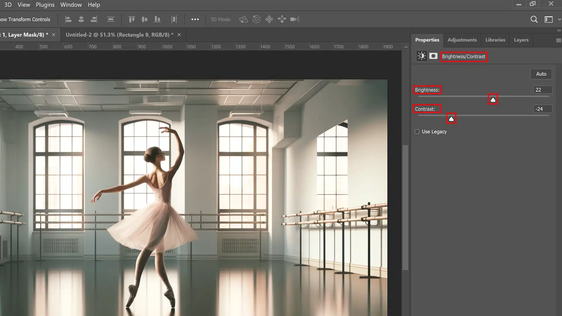 A screenshot of Adobe Photoshop with the Brightness/Contrast adjustment panel open. The settings for brightness and contrast are adjusted. The main workspace displays a photo of a ballerina dancing in a well-lit studio.