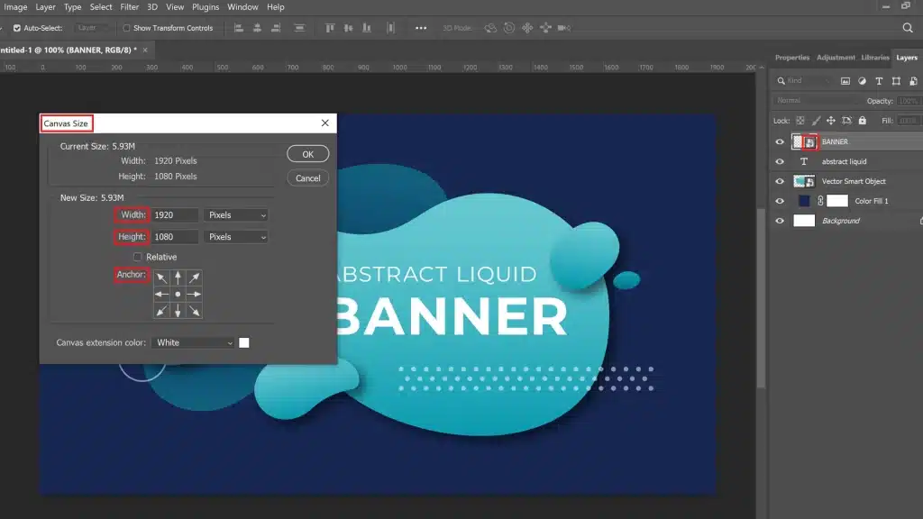 A photo of Photoshop showing the Canvas Size dialog box with an abstract liquid banner design. The dialog box displays current and new canvas size settings, including width, height, and anchor point options. The Layers panel is visible on the right side.