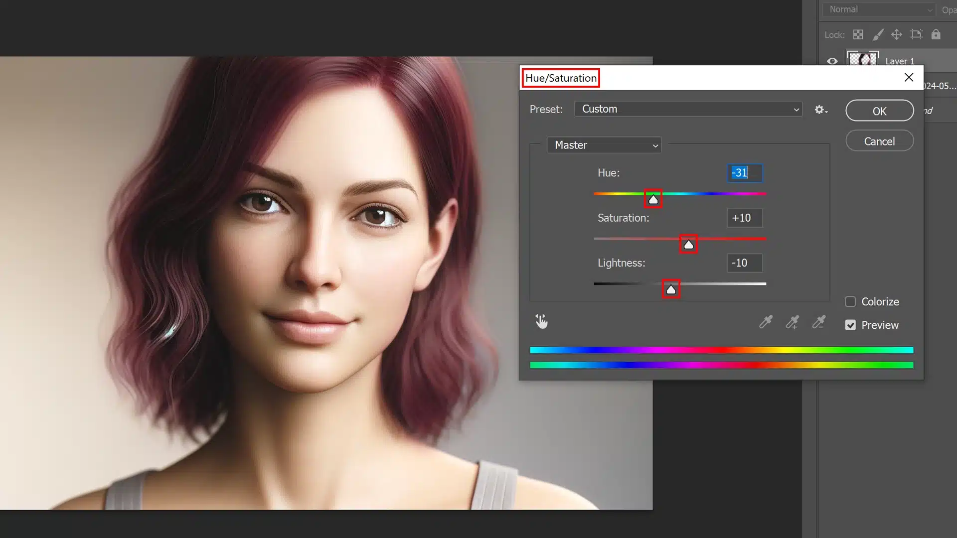 A photo of Adobe Photoshop with the Hue/Saturation adjustment window open. The image shows a portrait of a woman with adjusted hair color. The Hue/Saturation settings are visible, showing adjustments to hue, saturation, and lightness.