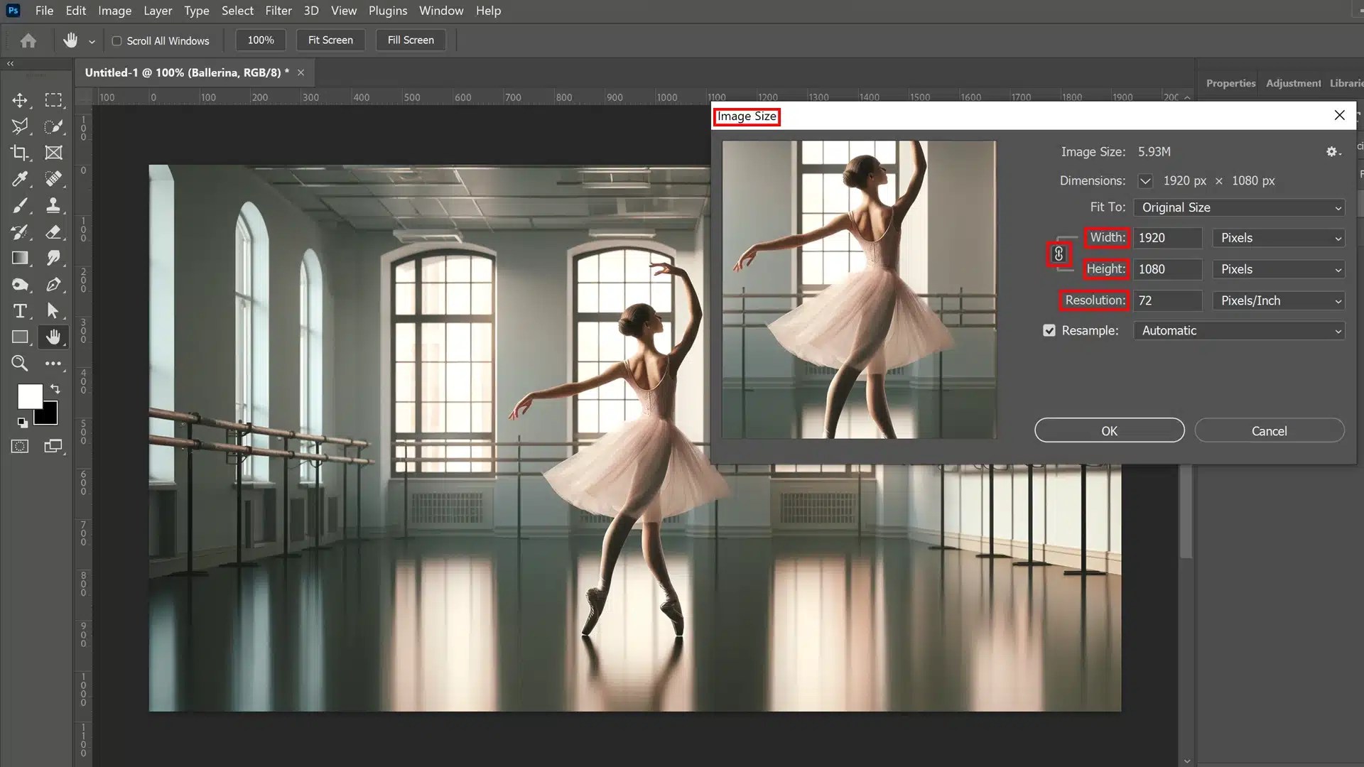 A photo of Adobe Photoshop with a photo of a ballerina dancing in a studio. The Image Size window is open, displaying the dimensions, width, height, and resolution settings for the image.