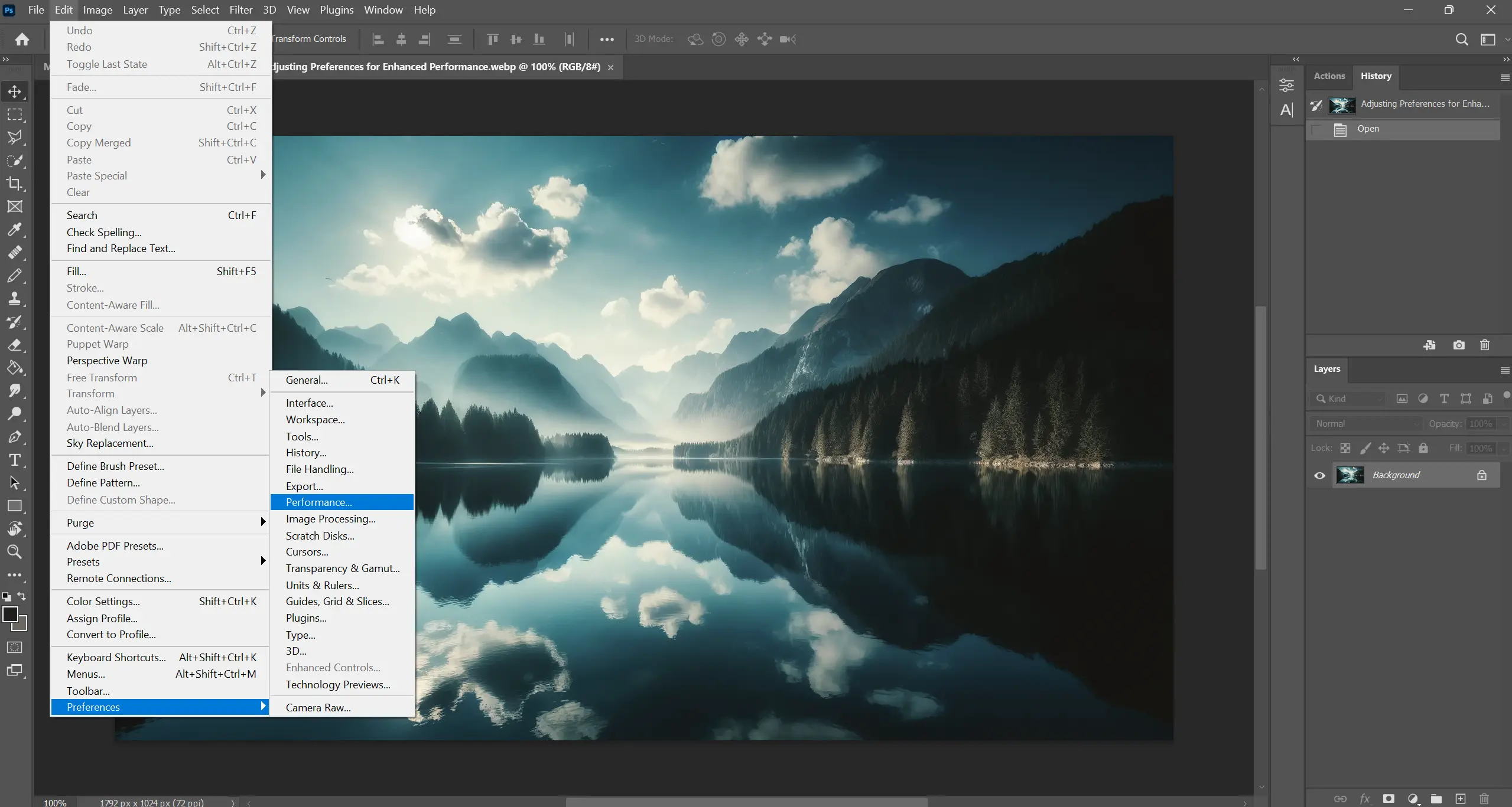 Screenshot of Adobe Photoshop interface editing a serene mountain lake image.